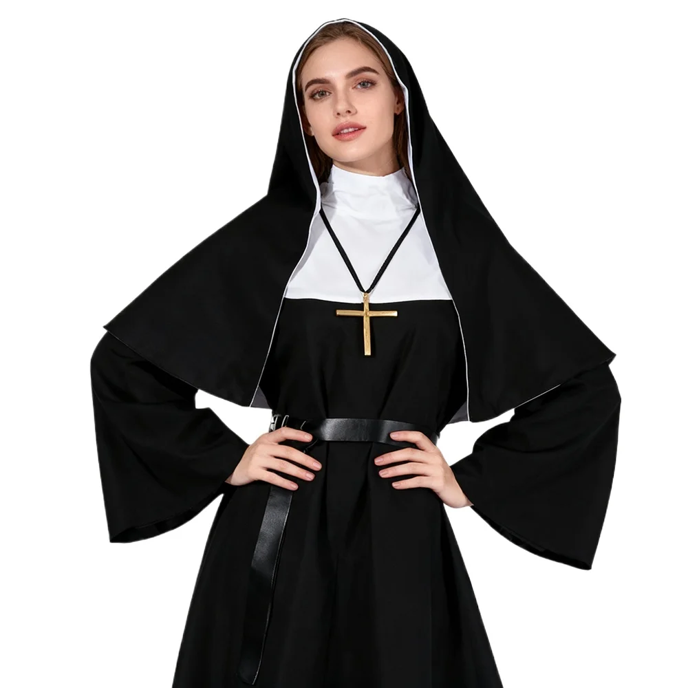 Anime Cosplay Nun - ชุดคอสเพลย์แม่ชีฮาโลวีน ชุดคลุมศาสนาสีดำแบบดั้งเดิมสำหรับผู้ใหญ่ ชุดแสดงแม่ชีปีศาจสำหรับงานปาร์ตี้ฮาโลวีน