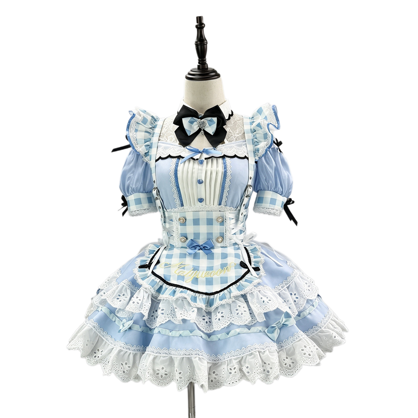 Anime Cosplay Japanese Girl - ชุดคอสเพลย์สาวหวานสไตล์อนิเมะญี่ปุ่น ชุดแม่บ้านลายสก็อตสีน้ำเงินน่ารัก เสื้อแขนสั้นและกระโปรงพร้อมผ้ากันเปื้อนสไตล์โลลิต้าสำหรับผู้หญิง