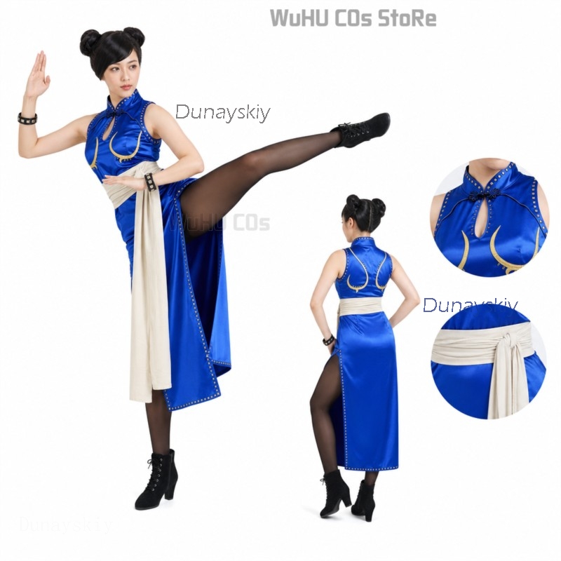 Anime Cosplay Live - ชุดคอสเพลย์ชุนลี่สำหรับผู้ใหญ่ – ชุดกี่เพ้าสีน้ำเงิน + วิกผม ชุดนักสู้จากภาพยนตร์