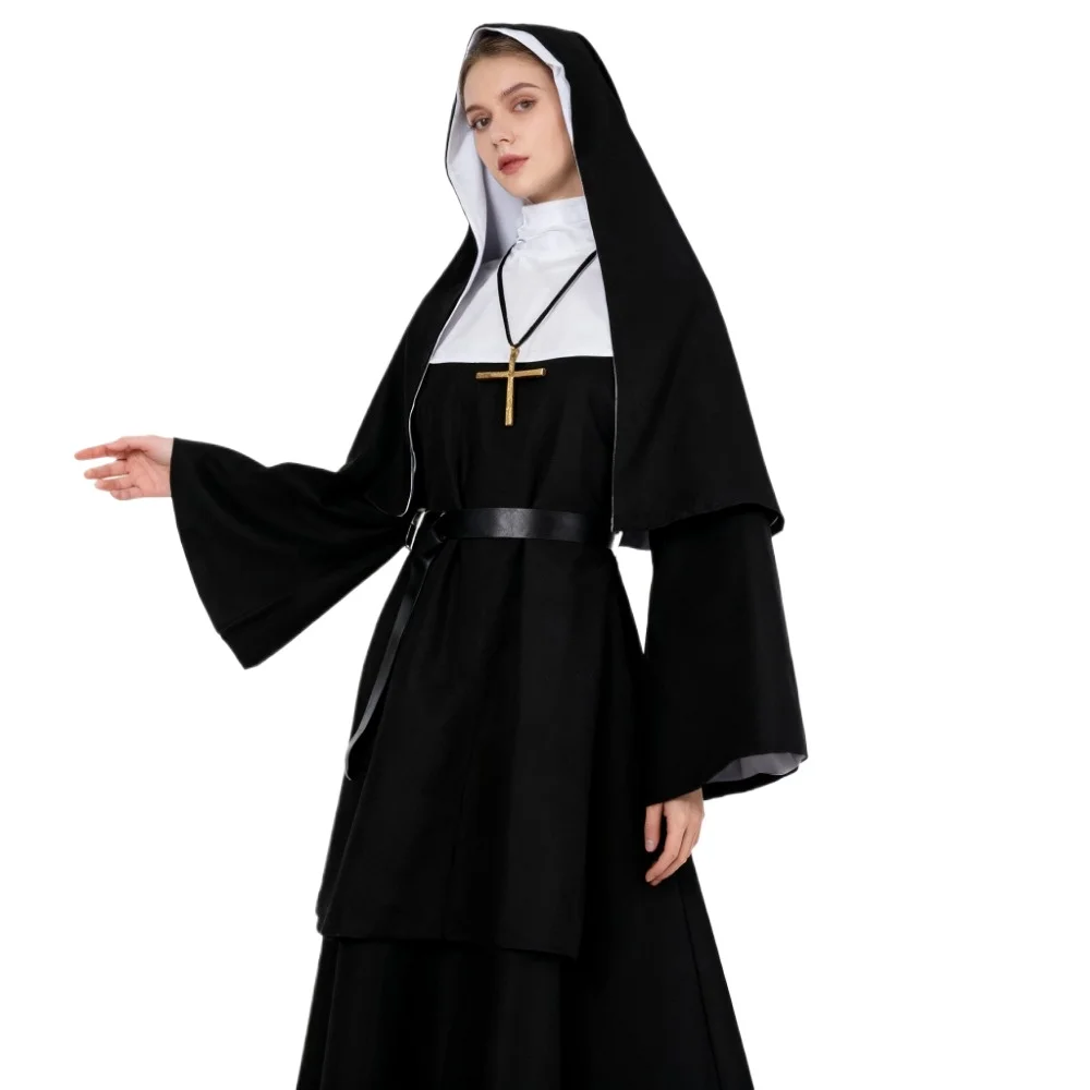 Anime Cosplay Nun - ชุดคอสเพลย์แม่ชีฮาโลวีน ชุดคลุมศาสนาสีดำแบบดั้งเดิมสำหรับผู้ใหญ่ ชุดแสดงแม่ชีปีศาจสำหรับงานปาร์ตี้ฮาโลวีน